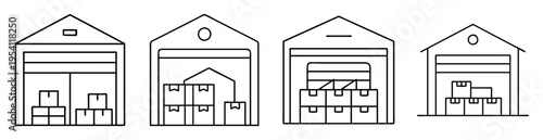 Depiction of four warehouses filled with different arrangements of boxes