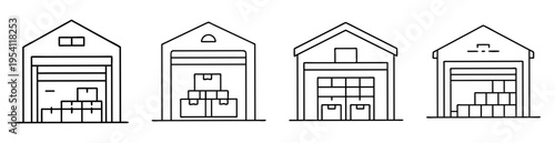 Illustration of four warehouses with various box configurations and architectural styles