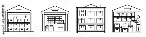 Outline illustration of multiple warehouse storage units with different configurations