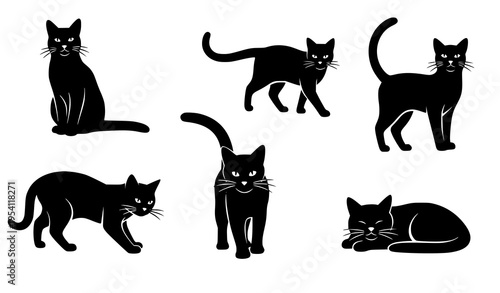 Cat pose silhouette icons vector domestic feline animal set