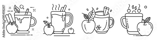 Four stylized line art illustrations of warm drinks with apples and cinnamon