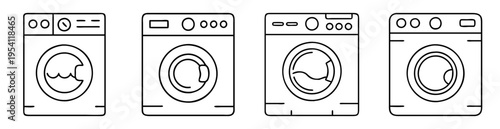 Stylized Icon Set Featuring Front Loading Washing Machine in Outline Style