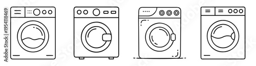 Black and white illustration of different front loading washing machines outline drawing