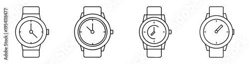 black and white line drawing of four different wristwatches