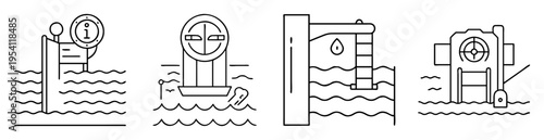 Various infrastructure elements submerged in water bodies in outline drawing style
