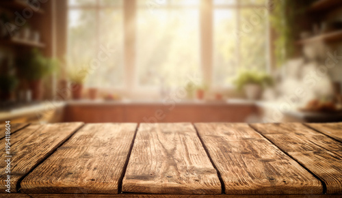 Fotografía Empty wooden kitchen table with copy space for product placement, set in a bright and sunlit interior