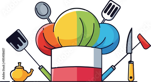 A colorful chef hat surrounded by various kitchen utensils like spatulas and a small teapot icon