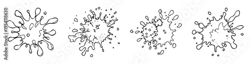 Four black and white line drawing illustrations of splashing liquid blotches