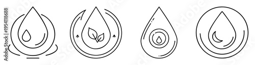 Four symbolic droplet designs representing hydration, water cycle, and nature
