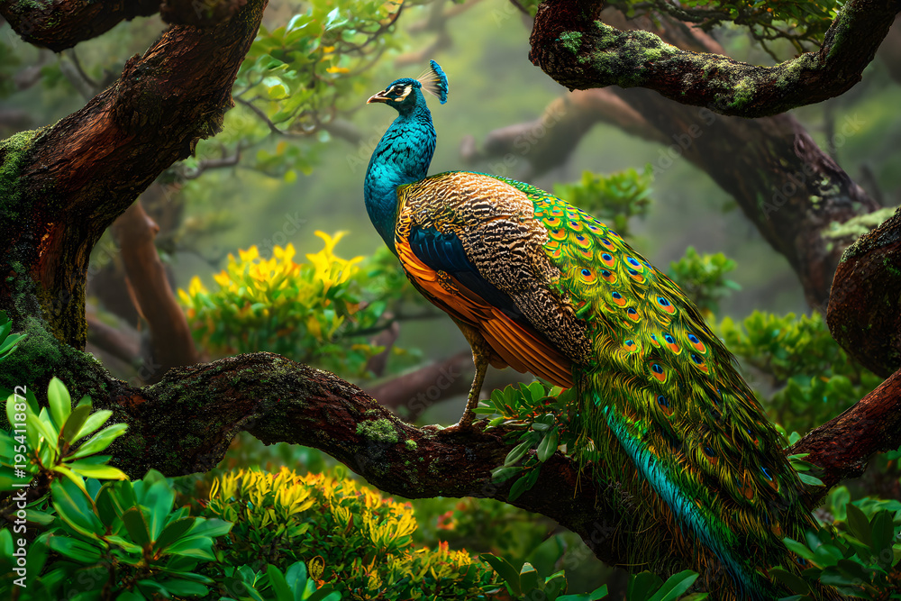 Obraz premium Majestic Peacock Perched on a Tree Branch