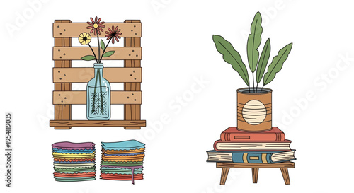 Cozy Home Objects Doodle Set: Flowers, Books, Plant, Pallet Shelf & Fabrics Illustration