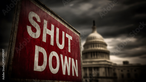 Governmental administrative building faces a stark 'Shut Down' message under a dramatic, overcast sky, symbolizing political deadlock and crisis