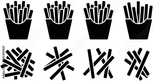Set of black silhouette icons representing various arrangements of potato french fries in cartons isolated on white background, Vector, illustration