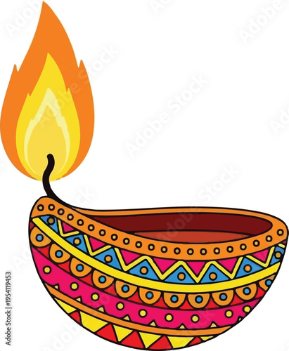 A colorful traditional clay diya oil lamp decorated with patterns for the indian diwali festival