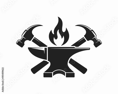 Black silhouette emblem featuring a heavy steel anvil crossed with two hammers and a rising flame isolated on white background, Vector, illustration