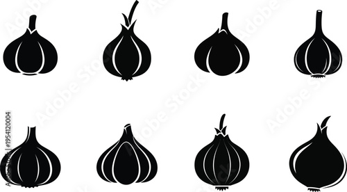 Eight black and white illustrations of bulbs or teardrop shaped objects
