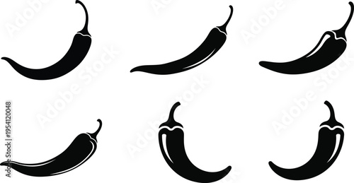 Six black chili peppers on white background illustration