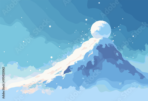 3D illustration tiny snowball rolling down graph line, transforming into massive, glowing geometric avalanche bottom Compound interest concept Clean white blue gradient