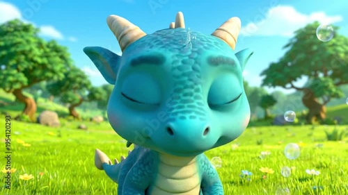 3d animated blue dragon blowing bubbles in a sunny green meadow with trees