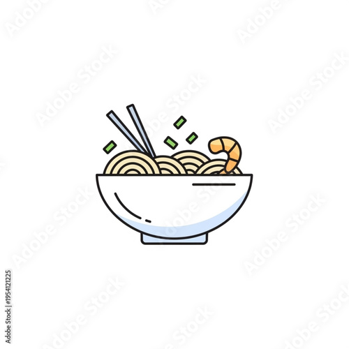 Bowl of Noodles with Shrimp and Chopsticks.