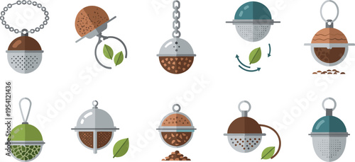 Collection of acorn-shaped tea infusers on transparent background