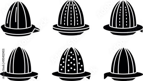 Six black and white illustrations of juicer squeezer icons on transparent background