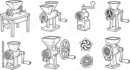 A collection of various vintage-style grinders on transparent background