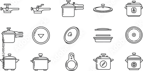 A collection of black line drawings of various pots and lids on transparent background