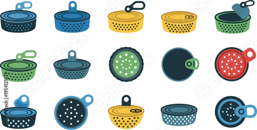 A collection of colorful collapsible silicone strainers on transparent background