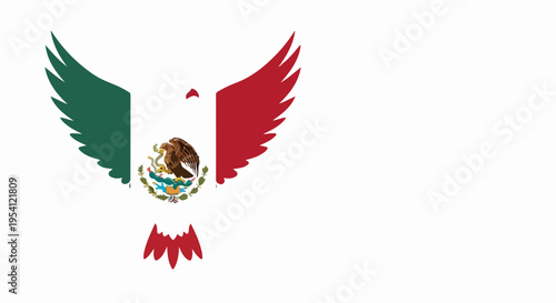 Stylized Mexican flag eagle on white background, symbolizing national identity. Mexican flag eagle design features green, white, red colors, nation shield.