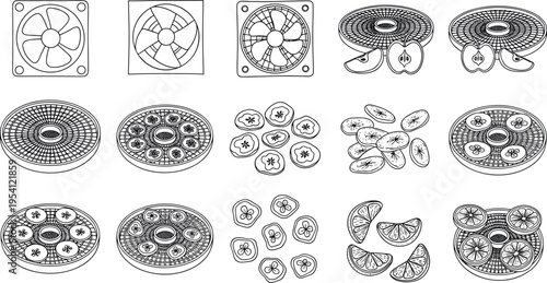 A collection of various mechanical and citrus designs on transparent background