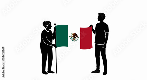 Silhouettes presenting Mexican flag, vibrant green, white, red colors. Older person holding flagpole, younger person holding fabric, proudly displaying Mexican flag for national pride.