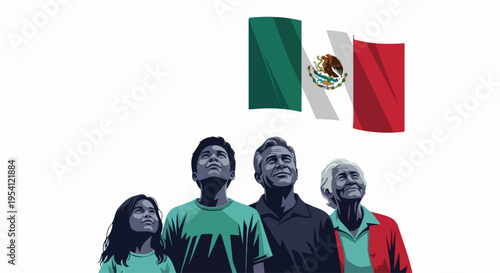 Multigenerational people gaze upward toward national flag, reflecting Mexican identity and cultural pride. Diverse family group, from child to elder, observes national symbol,
