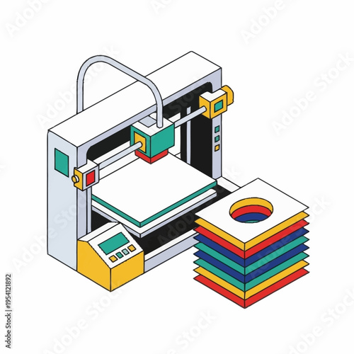 Isometric illustration of a 3D printer creating colorful square objects with circular holes.