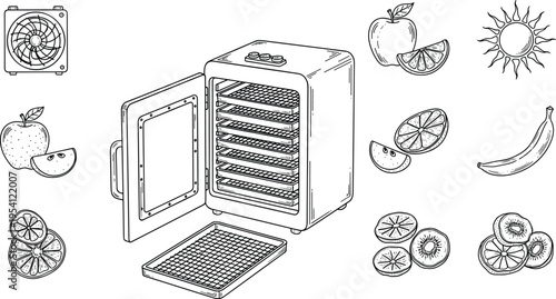 A line drawing of a food dehydrator with various fruits on transparent background