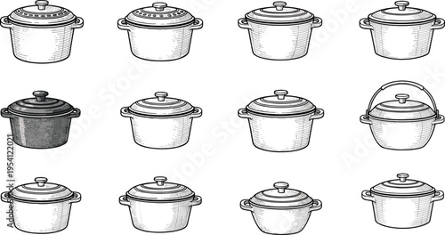 A collection of various pots with lids on transparent background