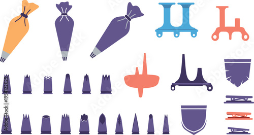 A collection of colorful pastry decorating tools on transparent background