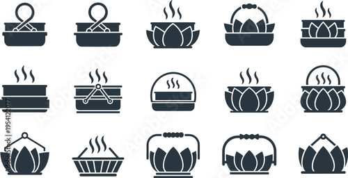 A collection of black and white icons depicting various sauna and steam bath symbols on transparent background