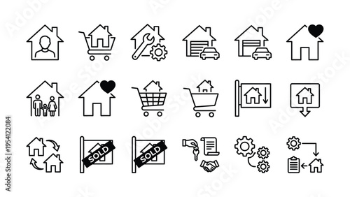 Set of vector icons for real estate, housing, and property services, including houses, people, shopping carts, and sold signs, shopping cart