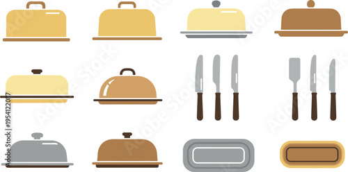 A collection of food covers and utensils on transparent background