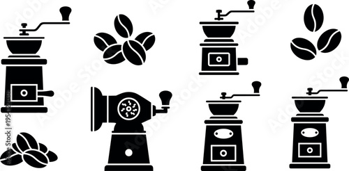 A collection of coffee grinders and coffee beans on transparent background