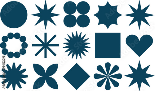 A collection of solid blue geometric shapes includes stars, circles, squares, and hearts. Each icon is cleanly rendered with sharp edges or smooth curves, providing a basic library for graphic design.