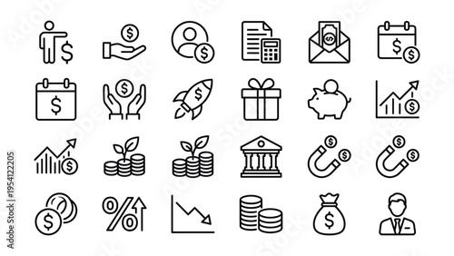 Collection of financial and business icons in outline style, representing money, investment, growth, and banking, piggy bank