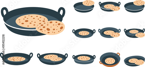 A collection of black skillets with naan bread on transparent background