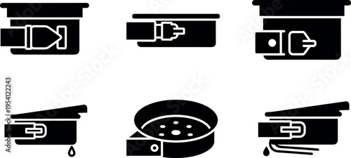 A set of six black and white icons of buckle fasteners on transparent background