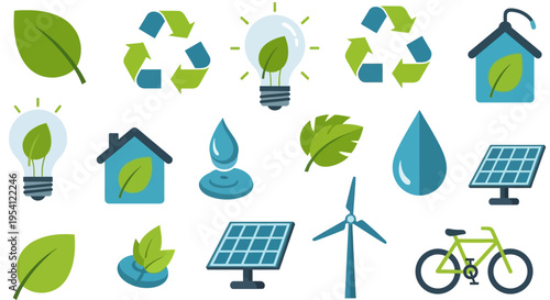 Eco-Friendly and Renewable Energy Icons Set. Sustainability, Green Environment, Recycling, Solar Power, Wind Energy, and Nature Symbols.