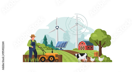 Sustainable Farming & Green Energy: Farmer Cultivating Land with Solar Panels, Wind Turbines, Livestock, and Barn. Modern Eco-Friendly Agriculture Concept.