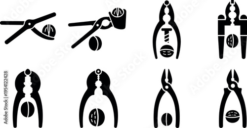 A set of eight black and white icons of pliers on transparent background