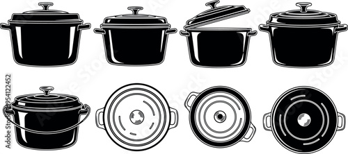 A set of black and white illustrations of pots on transparent background