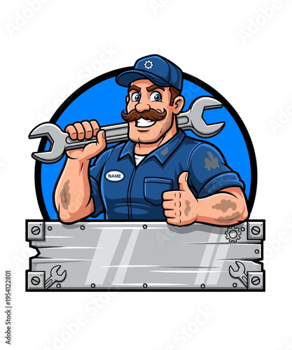 Vibrant cartoon handyman in work uniform, holding a large wrench and giving a reassuring thumbs-up.